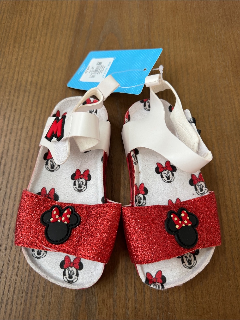 New Disney Girls Red Glitter Minnie Mouse Sandals with White Straps sz 6
